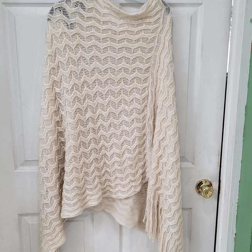 NEW Elegant Cream Knit Sweater Poncho with Sequin Accents